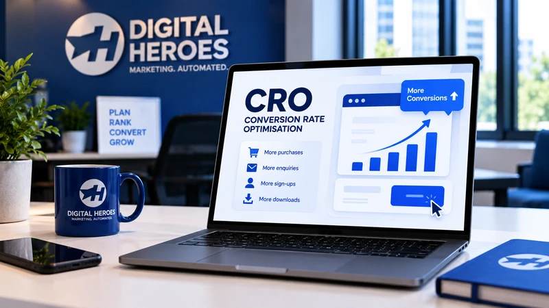 Laptop displaying a conversion rate optimisation dashboard on a desk in a Digital Heroes office, with a rising performance chart, coffee mug, notebook, and plants in the background.