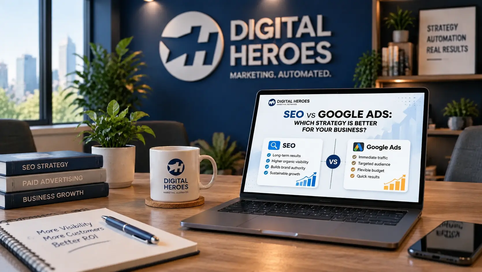 Digital Heroes workspace showing an SEO vs Google Ads comparison for business marketing strategies and growth