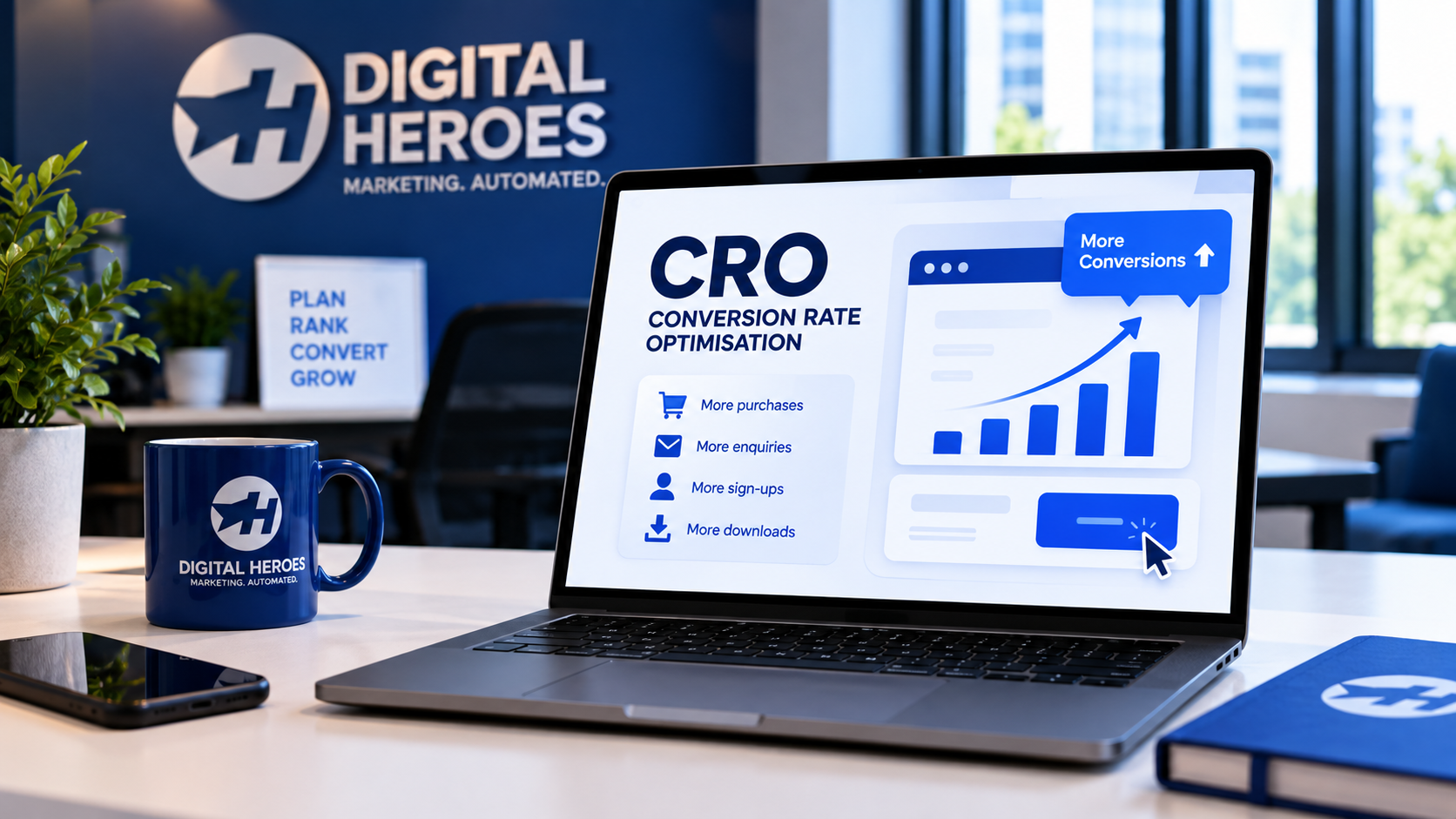 Laptop displaying a conversion rate optimisation dashboard on a desk in a Digital Heroes office, with a rising performance chart, coffee mug, notebook, and plants in the background.
